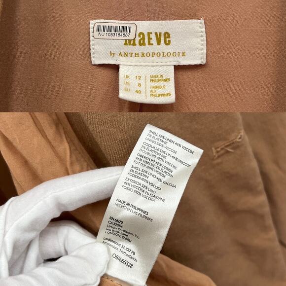 Anthropologie Maeve Oversized Double-Breasted Linen Blazer Camel Tan size 8 - Picture 5 of 6